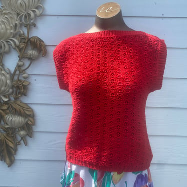 vintage sweater, red knit top, 1980s sweater, OHI, cap sleeve, boat neck top, knitwear, pullover, 80s jumper, small medium 