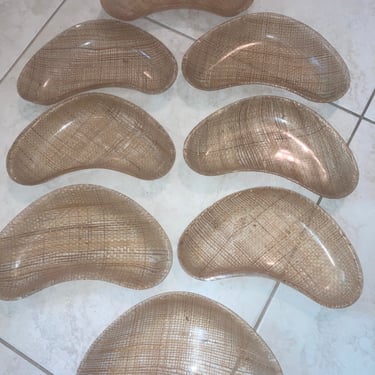 MCM Vintage Abaca Grainware  Woven Fiber Kidney shaped Salad Bowls Circa 1960, Set of 8, grass cloth and Lucite crescent moon bowl set 