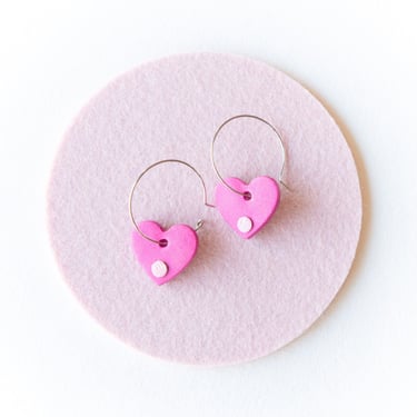 Pink Heart + Dot Hoops - Reclaimed Leather Valentine's Heart Earrings 