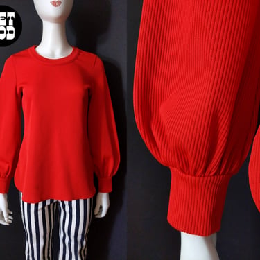 Cool Vintage 60s 70s Red Ribbed Long Sleeve Scoop Neck Top 