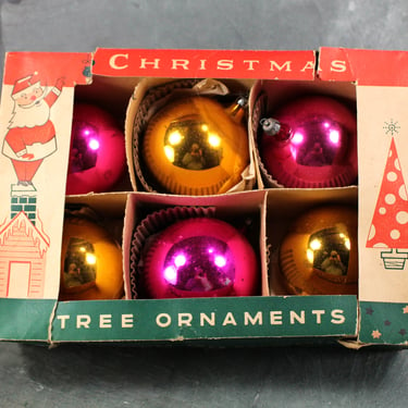 Vintage Christmas Large Glass Ornaments in Bold Pink & Gold | Set of 6 in Original Box | Made in Poland | FREE SHIPPING 
