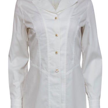 Escada - White Cotton Button-Up Blouse w/ Peak Lapel Collar Sz 4