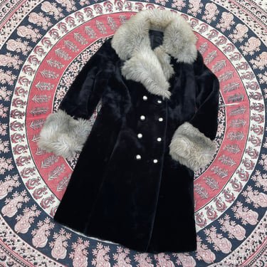 Vintage ‘60s ‘70s BORG faux fur coat, jet black &amp; gray | dramatic notched collar, mod style, winter coat, XS/S 