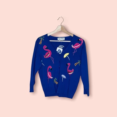 Vintage Blue Novelty Embroidered Flamingo NWT Jack B Quick Cardigan Sweater, Size M 