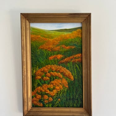 Vintage Landscape Painting Orange Flowers Acrylic on Board Original Signed Framed Art 