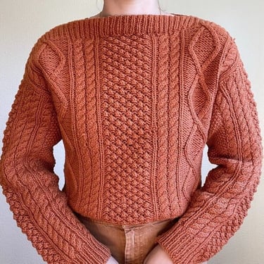 Vintage Hand Knit Burnt Orange Fisherman Style Chunky Wool Sweater Sz L 