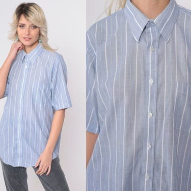 Blue Striped Shirt 80s Button Up Shirt Semi-Sheer White Cotton Blend Shirt Vintage Short Sleeve Oxford 1980s Men's 15 1/2 Medium 