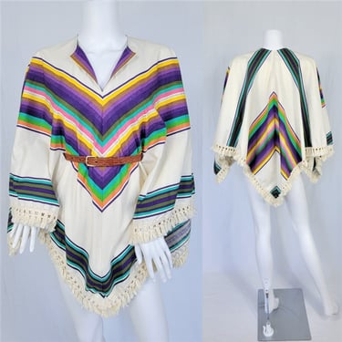 1970's Chevron Stripe Fringe Mexican Cotton Rainbow Stripe Poncho I Pull Over 