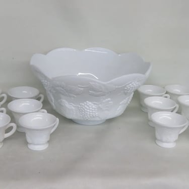Indiana Style Harvest Grape White Milk Glass Punch Bowl and 12 Cups Set 3753B