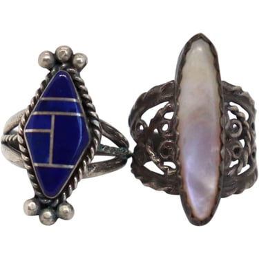 1930's Two Vintage American Silver, Inlaid Lapis Lazuli and Mother-of-Pearl Rings 