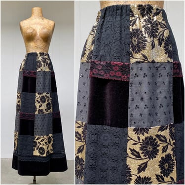 Vintage 1970s Boho Patchwork Maxi Skirt, Black/Gold Lace/Velvet, Rich Hippie Chessa Davis-Style by Tumbleweeds, Medium to Large 