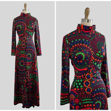 PSYCHEDELIC SWIRL Vintage 70s Dress | 1970's Jersey Knit Maxi Dress by I. Magnin | Mod, Hippie Chic, Op Art | Size Medium 