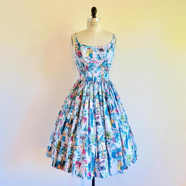 1950's Style Fit and Flare Pink and Blue Novelty Paris Print Dress Full Skirt Boning Spaghetti Straps Rockabilly 27