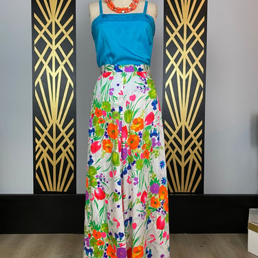 1960s maxi dress, bright floral, vintage 60s skirt, mod, white flower print, psychedelic, medium, floor length, summer, a-line, 30 waist 