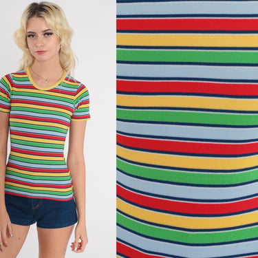 70s Striped Shirt Ringer Tee Retro Tshirt Vintage T Shirt Primary Color Green Red Yellow Blue 1970s Short Sleeve Retro Top Extra Small xs 