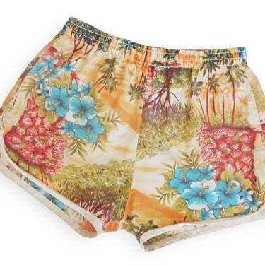 vintage swim shorts / 60s shorts / 1960s aloha print rayon Hawaiian swim shorts elastic waist liner Small 