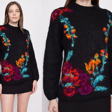 Medium 80s Black Embroidered Floral Sweater | Vintage Wool Mohair Knit Funnel Neck Pullover Jumper 