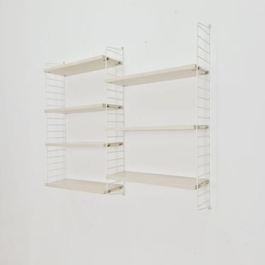 Original MCM wood shelving system - consists of black lacquered metal ladders, from string Stockholm 1960s 