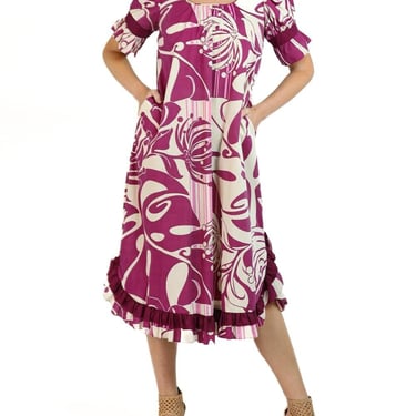 1970S Purple  Cream Poly/Cotton Made In Hawaii By Muumuu Dress 