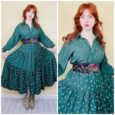 1990s Vintage Circle T Marilyn Lenox Western Set / 90s Dark Green Cowboy Boots Broomstick Skirt and Shirt / Size Large -XL 