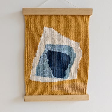 Abstract Wall Weaving / Hanging - Mustard Yellow, Blue - Modern Woven Tapestry in Wooden Holder - Handwoven Weave - Textile Art 