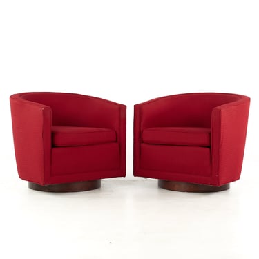 Edward Wormley for Dunbar Mid Century Walnut Base Swivel Lounge Chairs - Pair - mcm 