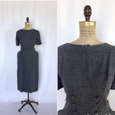 Vintage 50s dress | Vintage gray wool flannel wiggle dress | 1950s heather wool sheath dress 