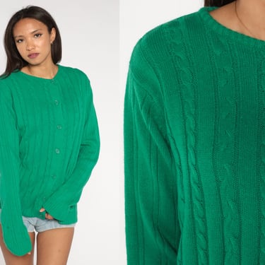 Kelly Green Cardigan 90s Cable Knit Cardigan Acrylic Button up Sweater Retro Bohemian Cableknit Cozy Fall Simple Vintage 80s Extra Large xl 