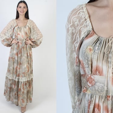 Gunne Sax Bridal Sheer Sleeve Dress, 70s Floral Jessica McClintock Cottagecore, Bohemian Wedding Gown 