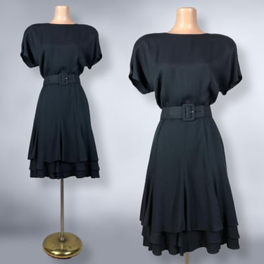 VINTAGE 80s Black Rayon Belted Ruffle Sweep Dress by B.G.B. ltd. Size 8 | 1980s Flirty Avant-Garde Party Dress | vfg 