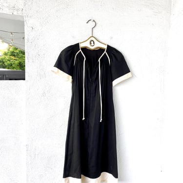 Vintage 70s Woven Black Dress with White Trim Minimalist Midi Dress 