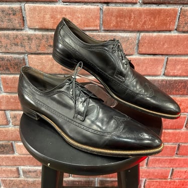1930s-40s Black Leather Wingtip Derby Shoe by Rogers Original by Stetson Shoes for Men Size 14 Narrow | Pointed Toe, Lace Up, Oxford, Formal 