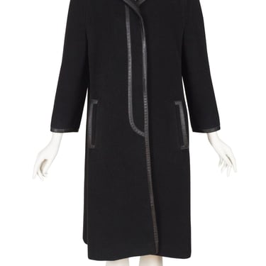 Louis Féraud 1970s Vintage Black Wool Leather Trimmed Collared Coat Sz L 