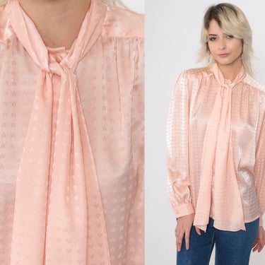 80s Ascot Blouse Baby Pink Embossed Satin Neck Tie Top Shiny Pussy Bow Shirt Secretary Button Up Long Puff Sleeve Vintage 1980s Medium 8 