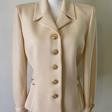 Vintage 90s ST JOHN Cream Blazer - VTG 1990s Couture Knit Sweater w/ Gold Button Detail 