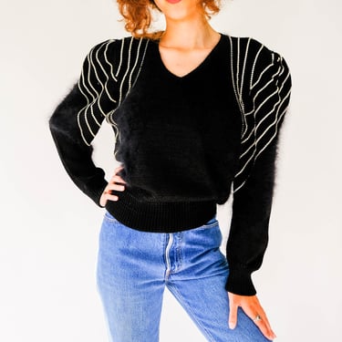 Vintage 80s Lido New York Black Angora & Rayon Knit Poof Shoulder Sweater w/ Stripe Rhinestone Trim | 1980s Designer Angora Fur Boho Sweater 