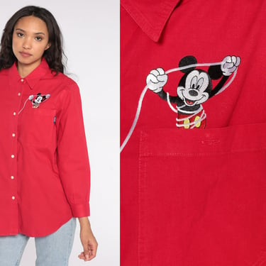 Disney Shirt 90s MICKEY MOUSE Shirt Red Mickey Unlimited Button Up Shirt 1990s Streetwear Cartoon Kawaii Long Sleeve Vintage Medium 