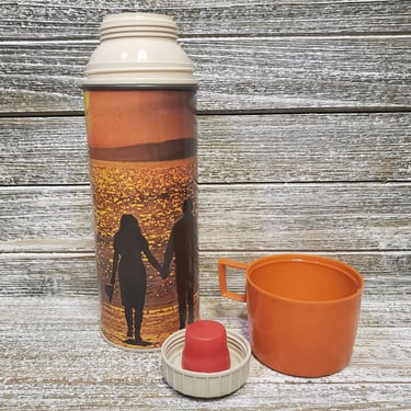 Vintage Sunset Beach King Seeley Thermos, 1960s 1970s, Sailboat Ocean Surfer, Hot Cold Beverage Container, Travel Work Coffee Cup & Sipper 