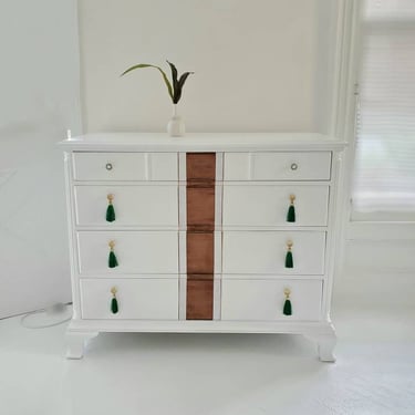 Beautiful  boho dresser, chest of drawers,  emerald tassels,  vintage dresser, modern farmhouse,  dresser nj nyc 