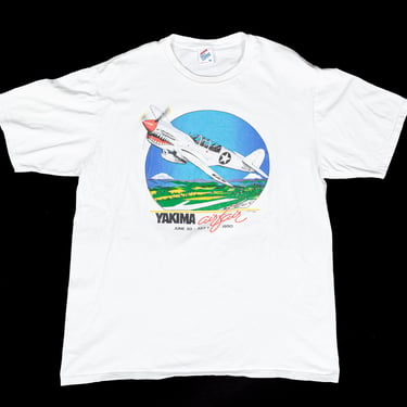 Vintage 1990 Yakima Airfair Graphic Tee - Men's Large | 90s Air Show Fighter Jet T Shirt 