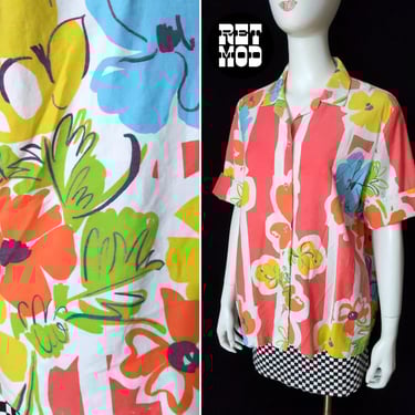 Fun Vintage 80s 90s Pastel Orange Blue Yellow Flower Power Button Down Short Sleeve Shirt 