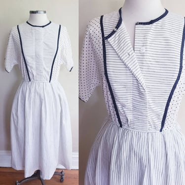 80s Summer Dress Navy Blue Stripe Polkadot Prattern California Girl Petrina Aberle Neiman Marcus Short Sleeve Elastic Waist Cotton Print / M 