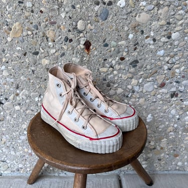 Kid Vintage Off White Canvas HI Top Sneakers | 60s Tennies USA MADE | Red stripe 11 12 12.5 13.5 1.5 