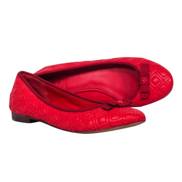 Tory Burch - Red Quilted Leather Ballet Flats w/ Logo Embellished Bow Sz 7.5