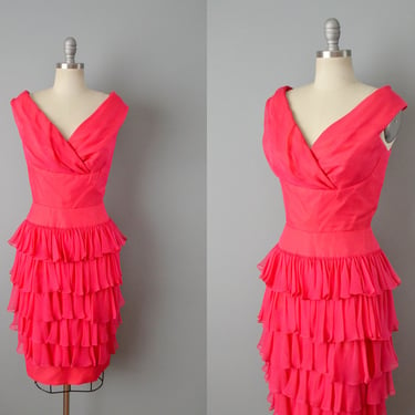 50% OFF SALE: 1960s Hot Pink Ruffled Party Dress / Chiffon Cocktail Dress / Ruffle Dress / Size Small 