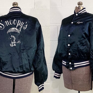 Vintage Blue Satin Snap Jacket Hipster Bomber Coat 70s 1970s Empire Sporting Goods  Girl Gang Snoopy's Snoopy Woodstock Medium Large 