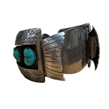 Silver Navajo Watchband Cuff w/ Bisbee Torqouise, Hyson Craig Style 