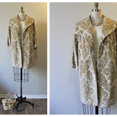 Vintage 50s 1960s Cream Carpet Coat Tapestry Chenille Shawl Collar Swing Clutch Hollywood pinup  // Modern Size US 0 2 4 6 xs s 