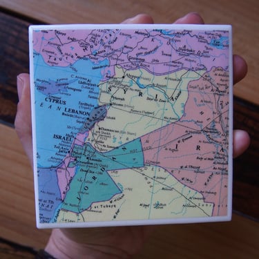 1993 Middle East Vintage Map Coaster Ceramic. Syria Map. Lebanon Gift. Israel Map. Jordan Gift. Middle East Travel. Aleppo Tel Aviv Beirut. 