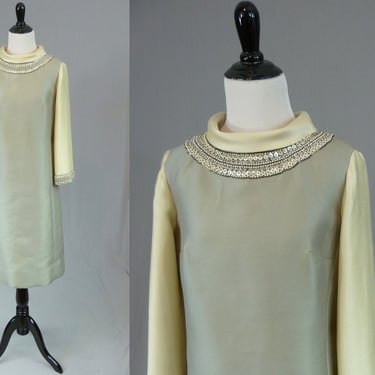 60s Nat Kaplan Party Dress - Silver Gray - Beads & Rhinestones - De Pinna Fifth Avenue - Vintage 1960s - S 